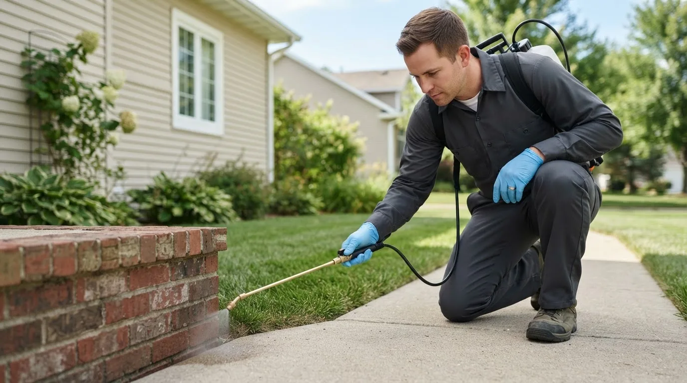 Pest control technician treating a home near Weskan, KS